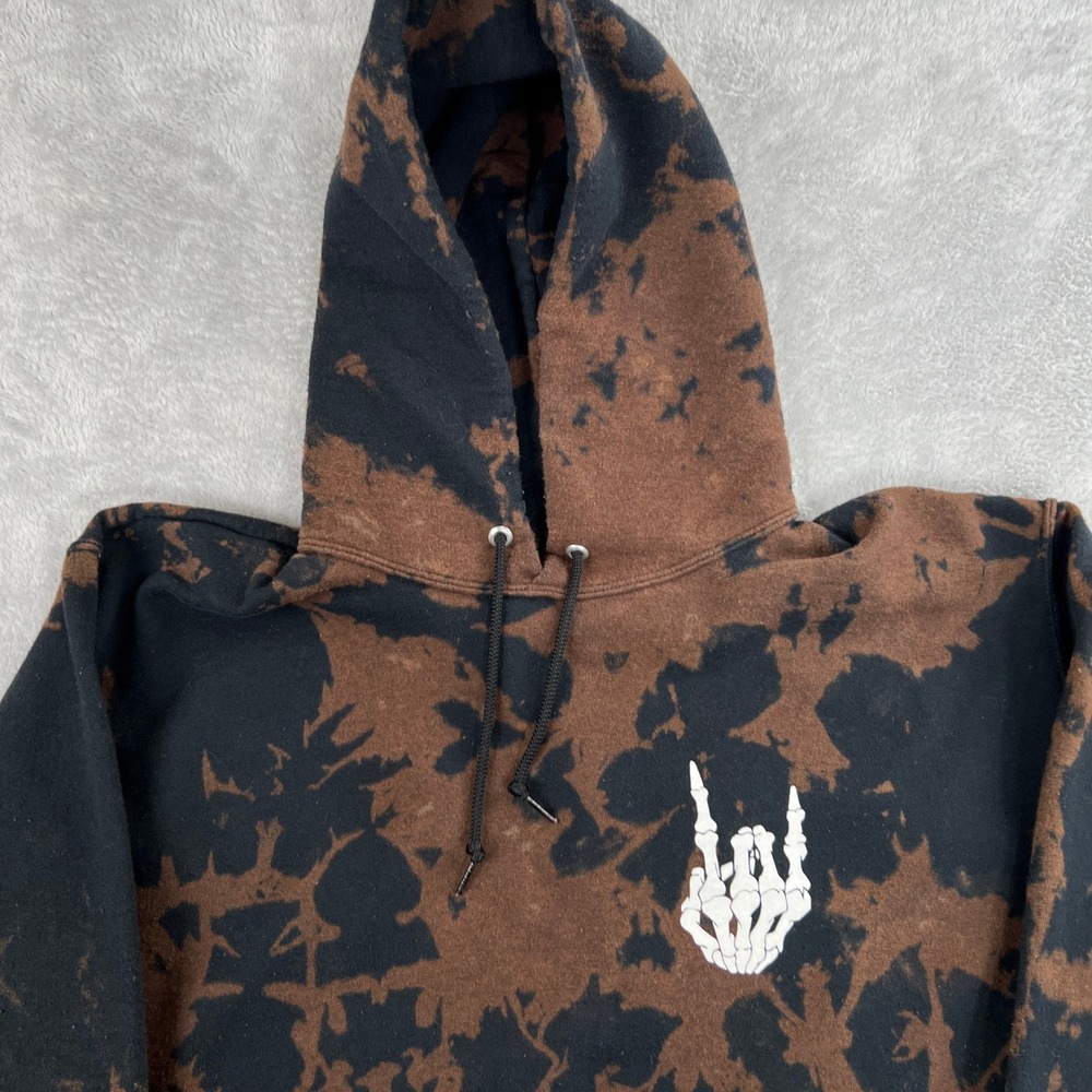 Bowery Bleach Dye Skeleton Hand Hoodie S Black Brown Women Streetwear Grunge - Picture 6 of 8